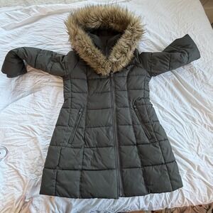 Laundry by Shelli Segal L Olive Long Puffer Coat Faux Fur‎ Hood Jacket